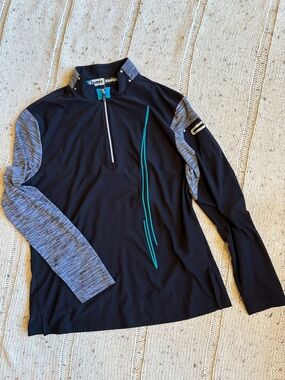Jamie Sadock Black Pullover with Heather Gray Sleeves and Teal Piping